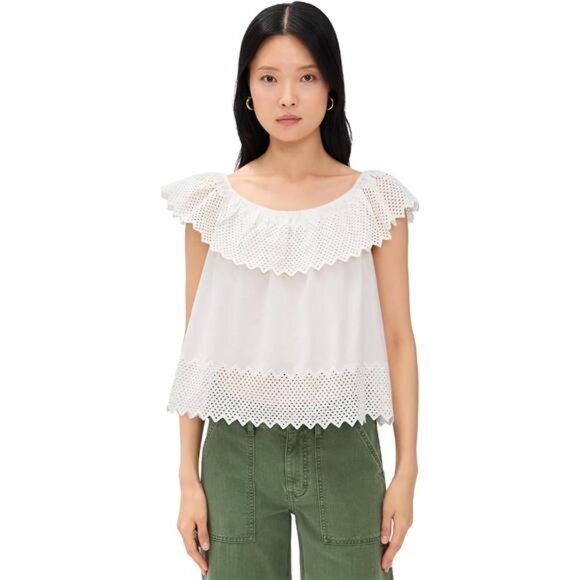 THE GREAT. The Westport Top with Honeycomb Eyelet White Natural Coastal Scandi - Picture 1 of 7